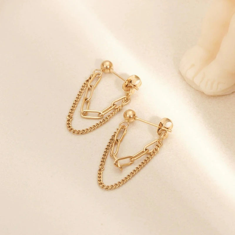 Modern 18k Gold Plated Stainless Steel Double Chain Dangle Earrings Danty Non Tarnish Stud Earrings for Women