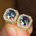Huitan Factory Square Design Sparkling White/Colorful Round Zircon Stud Earring for Women Engagement Silver/Gold Plated Earrings