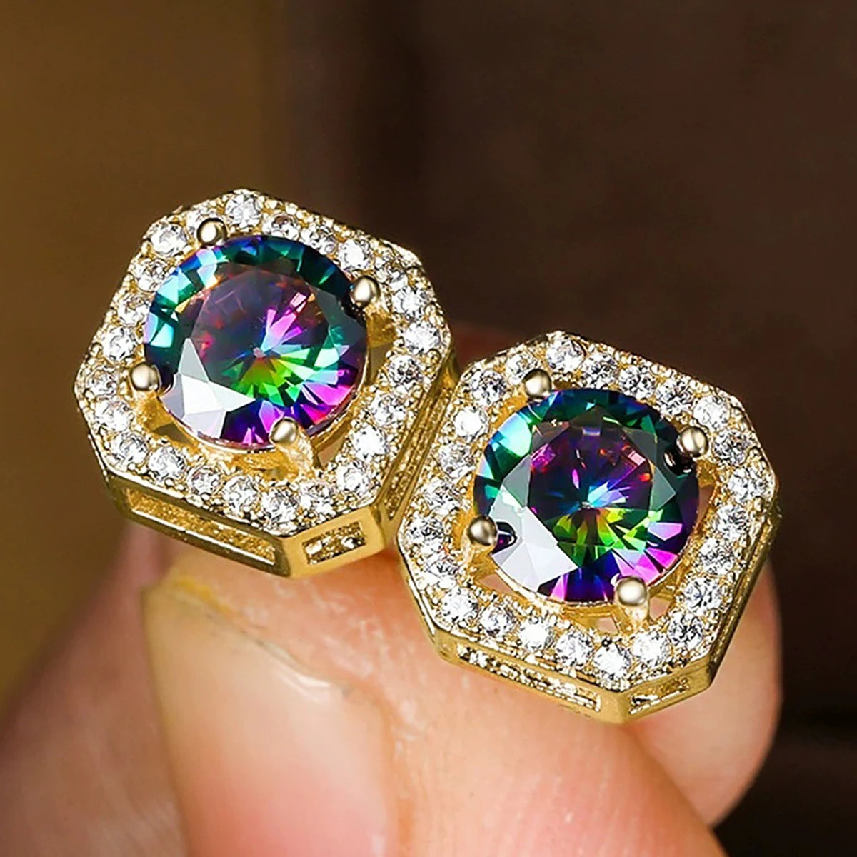 Huitan Factory Square Design Sparkling White/Colorful Round Zircon Stud Earring for Women Engagement Silver/Gold Plated Earrings