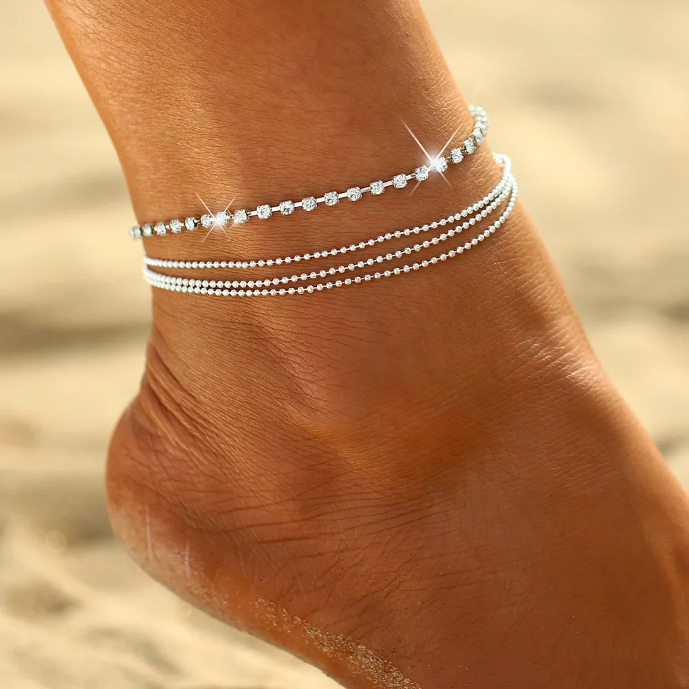 AA00689 Boho Layered Crystal Anklets Rhinestone Ankle Bracelets Chain Beach Foot Jewelry for Women and Girls