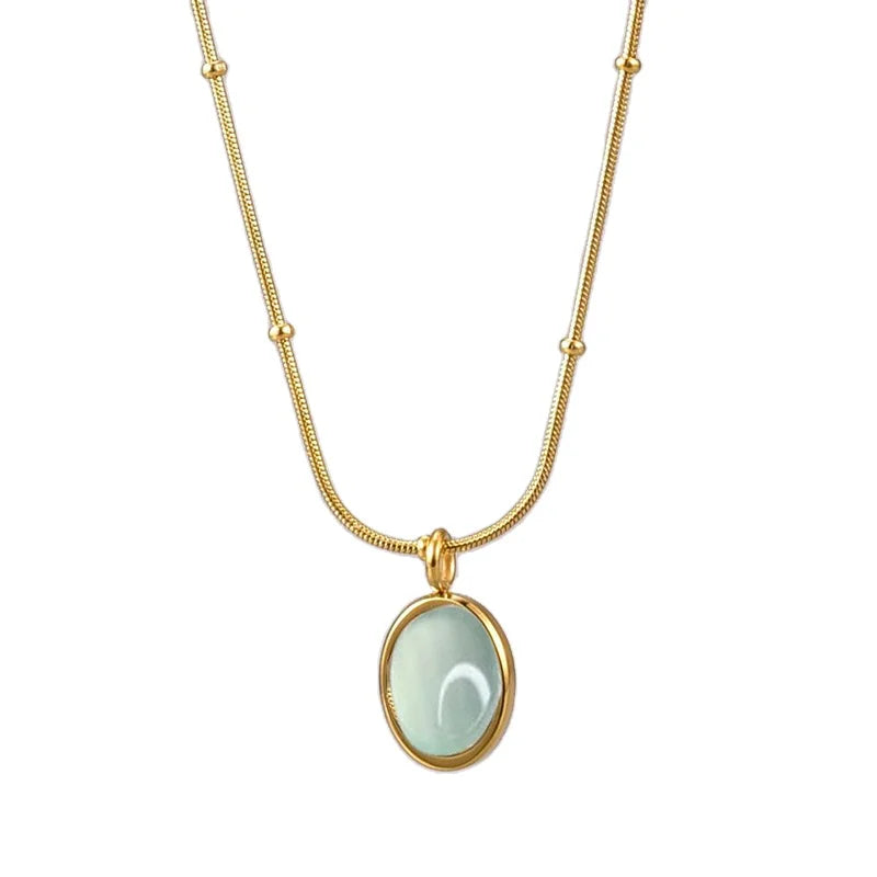 RisingMoon Coller 18K Gold Plated Women Jewelry Oval Ellipse  Aquamarine Natural Jade Stone Pendant Blue Sapphire Necklace