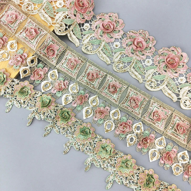New Best-selling African Designs Multicolor 3D Flower Embroidery Lace Trim Fabric With Sequin for Garment Dress