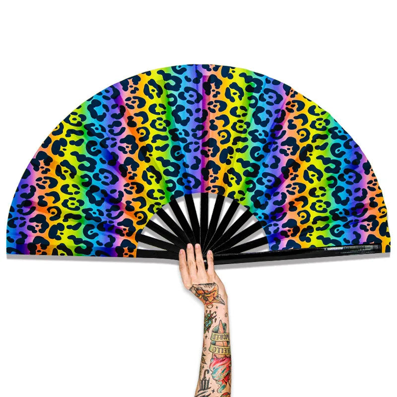 Custom Printed 33CM Large Reflective Bamboo Fabric Folding Clack Hand Fan As Rave Party Accessories