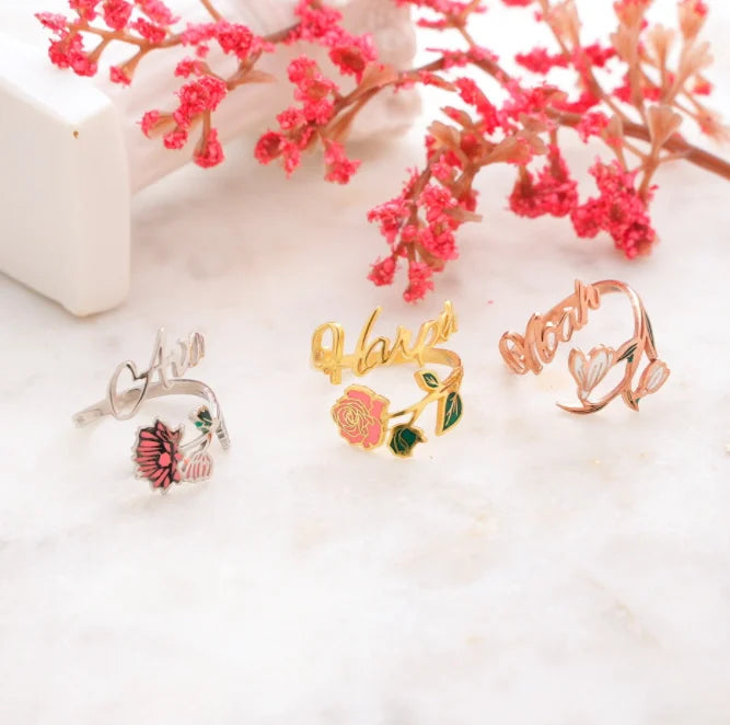 Custom Name Finger Ring Personality December Colorful Oil Drop Birthday Flower Stainless Steel Ring