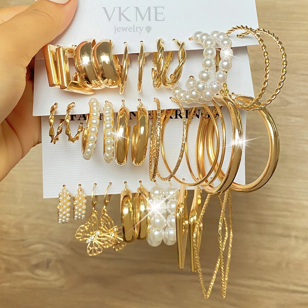 VKME Fashion Geometric Pearl Circle Drop Earrings Trendy Gold Plated Butterfly Earrings Set Jewelry  for Women