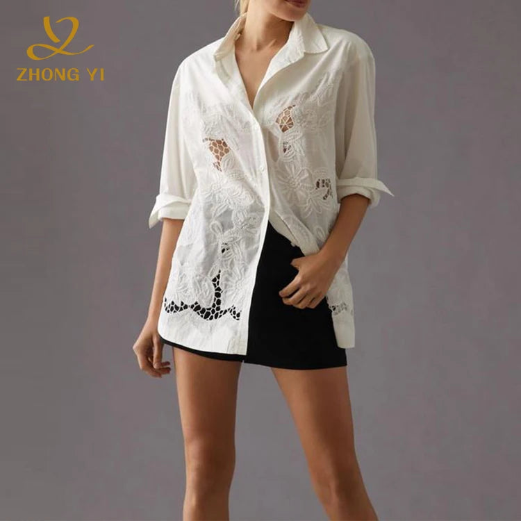 2023 Custom Spring Women's Oversize White 100% Cotton Long Sleeve Loose Blouses Top Elegant Beautiful Embroidery Casual Shirts