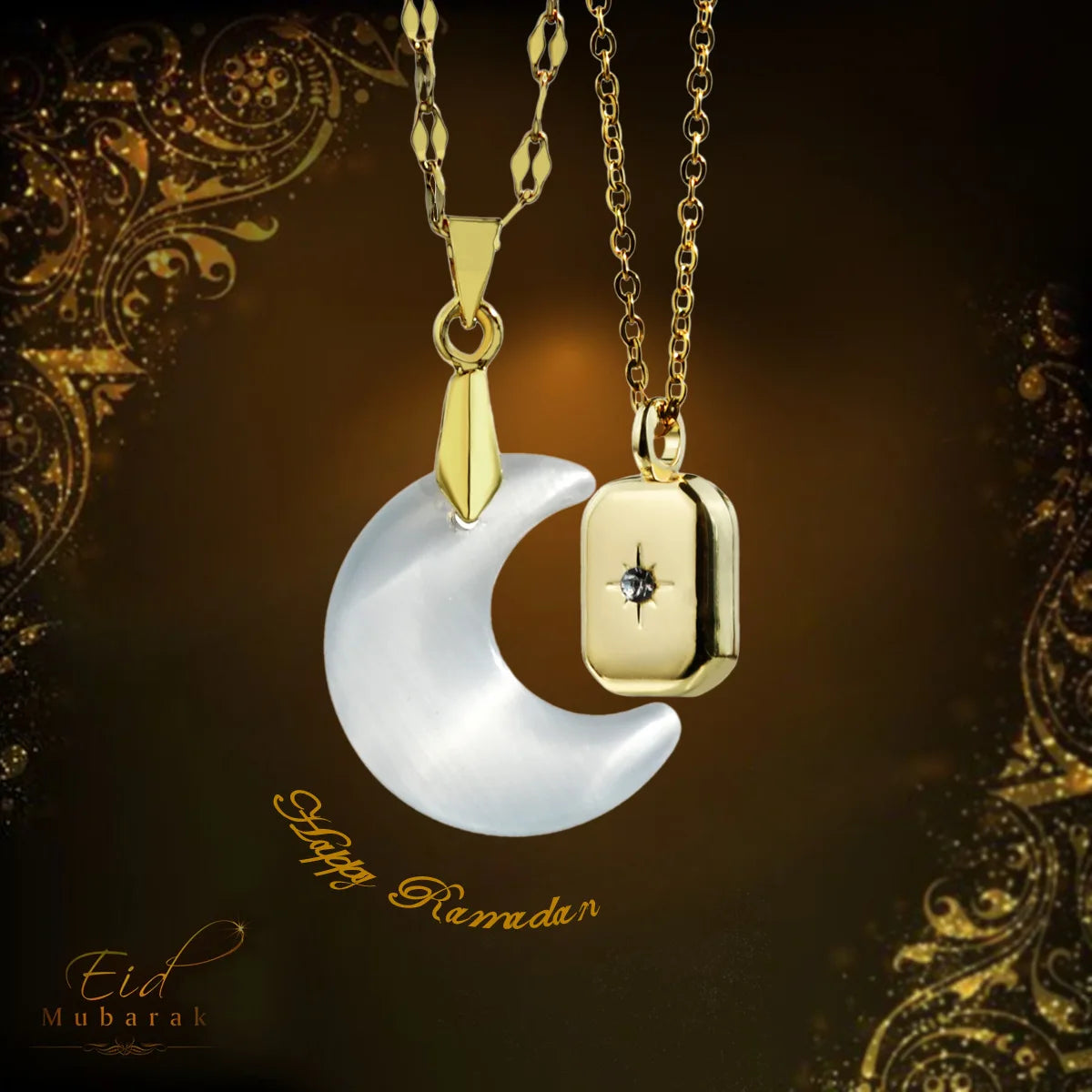 Ramadan Decor Jewelry Couple Necklace with Gold Plated Stainless Steel Chain and Moon Shaped Crystal Stone and Square Pendant