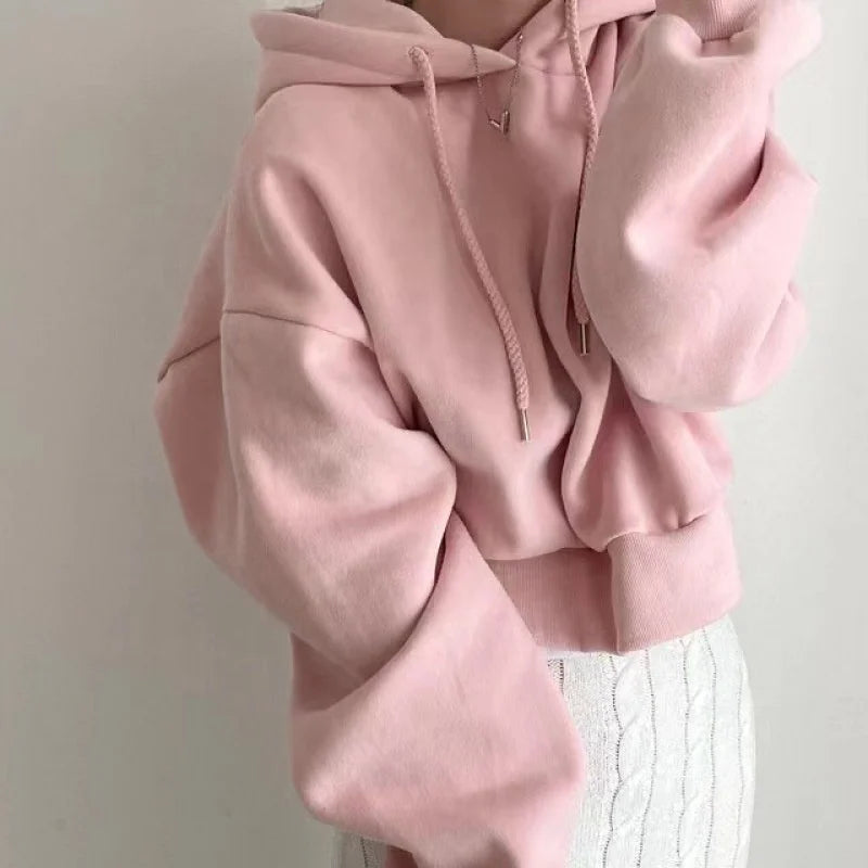 Women's Autumn Winter Vintage Short Fleece Hoodies Hooded Sweatshirts Loose Pullovers Tops 2023