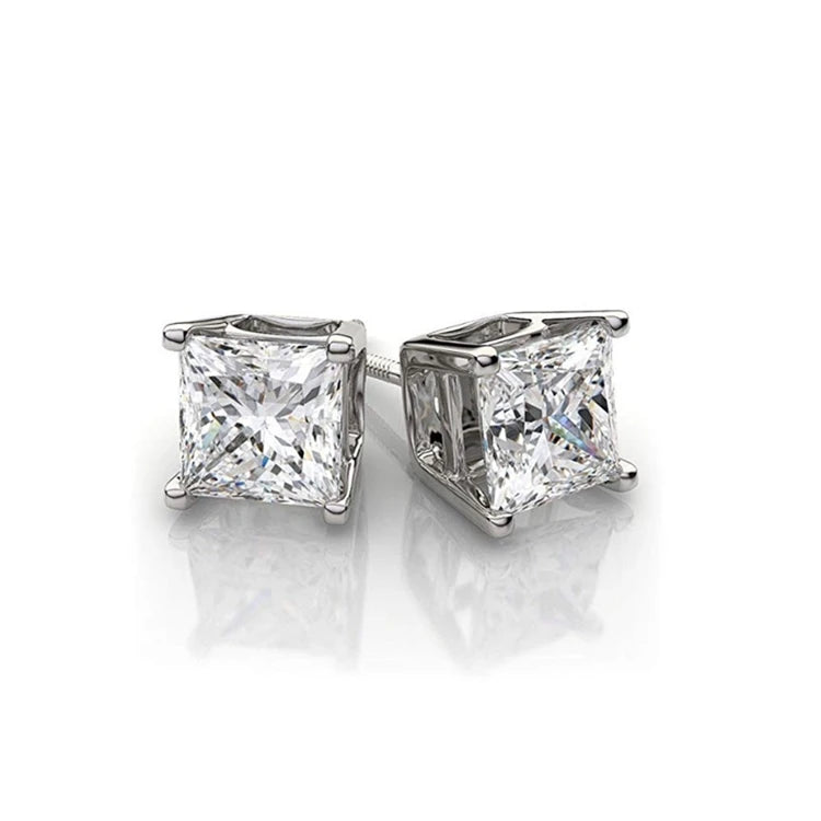 New Sales Fashion Princess Cut Moissanite Diamond White Gold Stud Earring