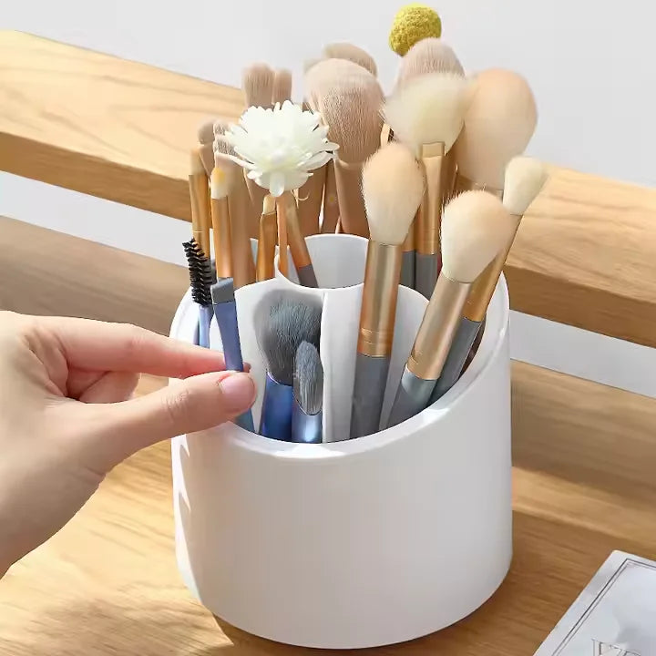 Wholesale Household Desktop Makeup Brush Storage Box Transparent Acrylic with Silicone Pen Holder Rotating Cosmetic Organizer