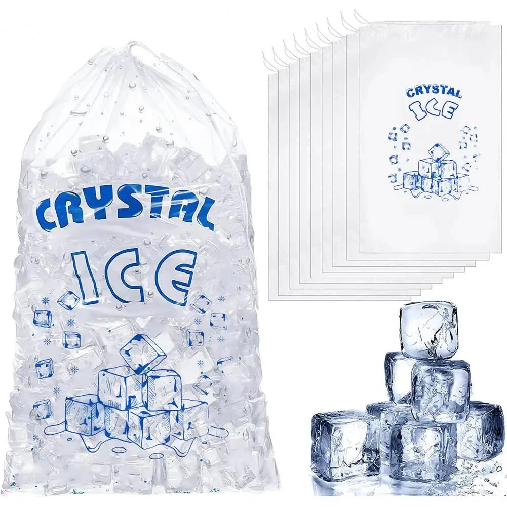 100Pcs Ice Bag Drawstring Clear Printed Heavy-Duty Large Capacity Multi-Use Transparent Ice Cube Holder Home Supplies