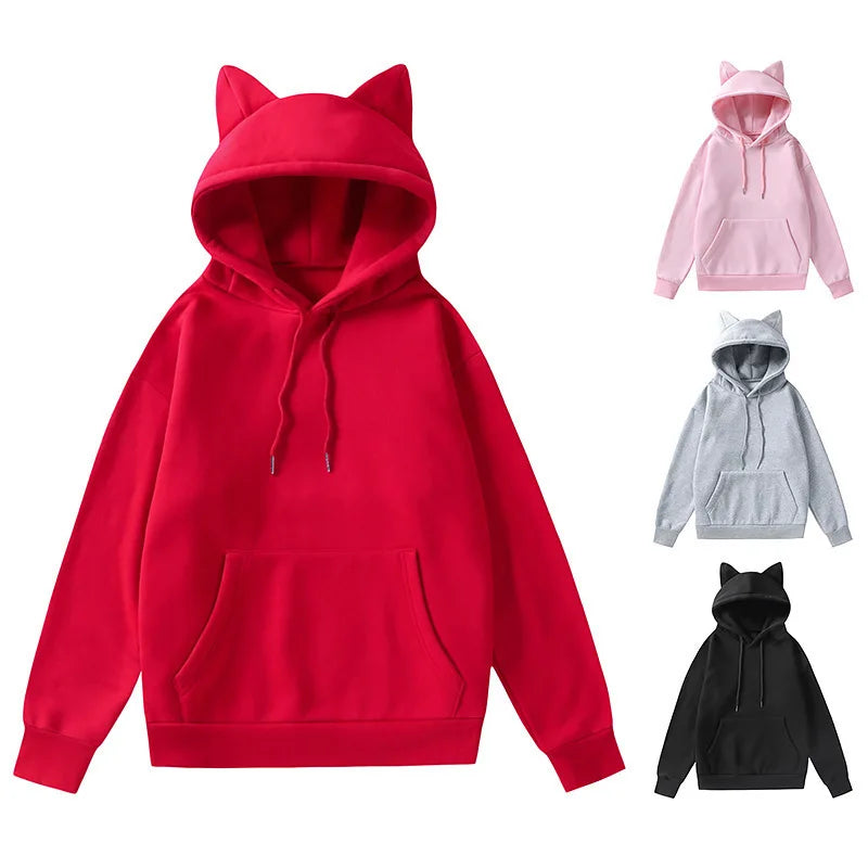 S-2XL New Spring and Autumn Cat's Ears Hooded Hoodie Casual Fleece Hoodie