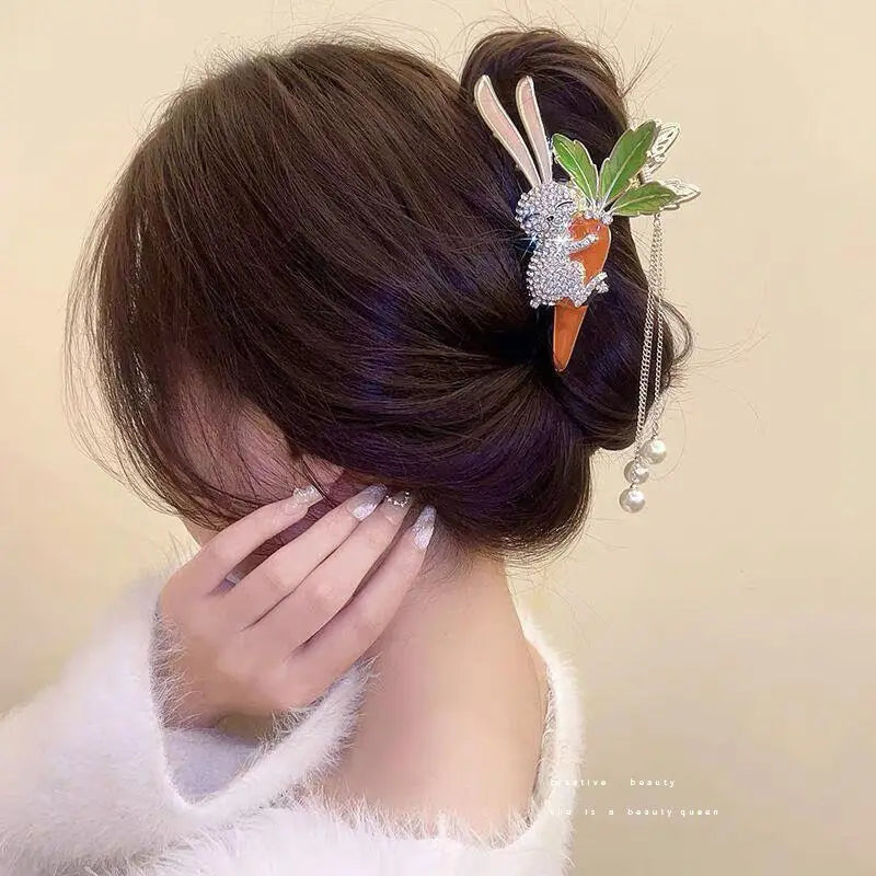 Light Luxury Full Diamond Carrot Rhinestone Bunny Hair Claw Hairpin Hairpins Big Bow Hair Clip Hairpins Women Hair Clips