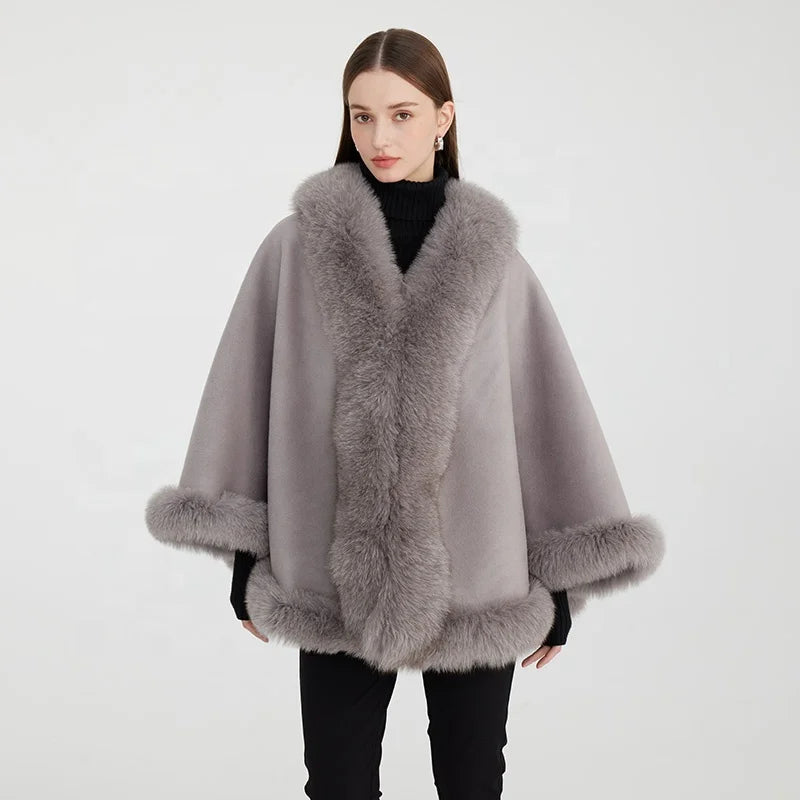 Women 100% Wool Real Fox Fur Trim Cashmere Poncho Ladies Fur Shawl