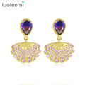 LUOTEEMI Elegant Colorful Purple / Green CZ Sector Dangle Earrings Wholesale Gold Color Wedding Fashion Jewelry