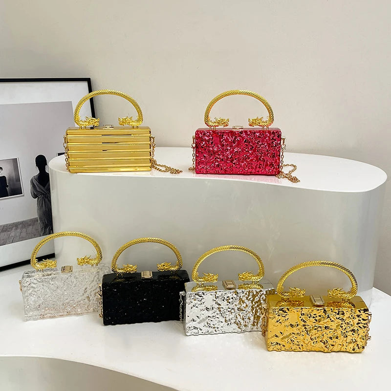 Stylish Acrylic Metallic Evening Bag with Dragon Heads Handle Unique Ice Crack Pattern Trendy 2025 Box Shape Crossbody Bag Women