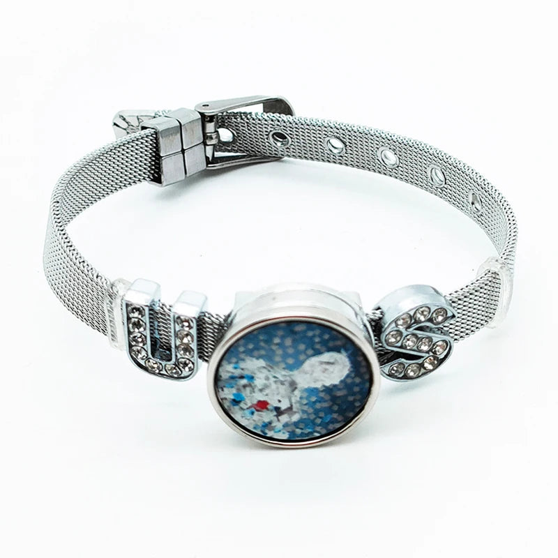 Qualisub Personalized Stainless Steel Band Bracelet Sublimation Blanks Removable Button Silver Fashionable Round