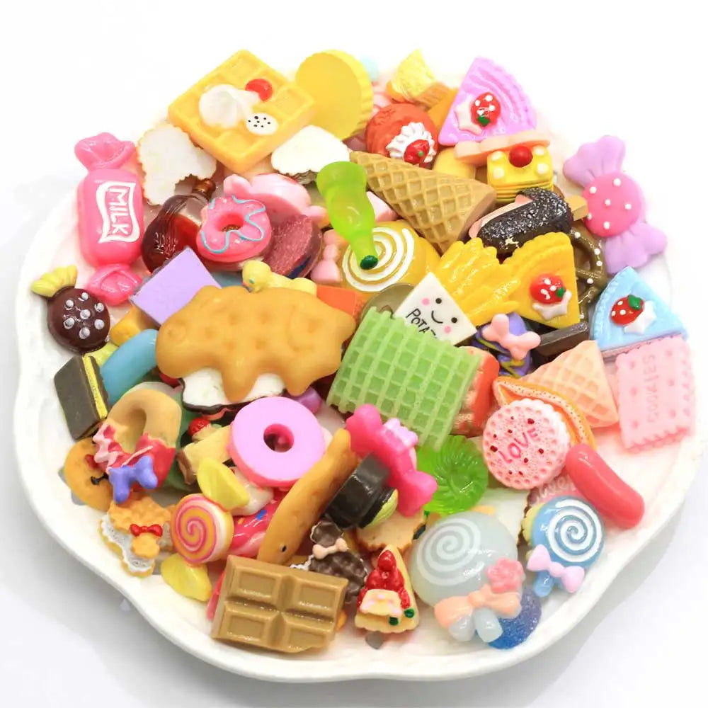 100 Pieces Mix Design Dessert Candy Donut Cookie Cake Resin Flat Back Cabochon Art Supply Decoration Charm Craft