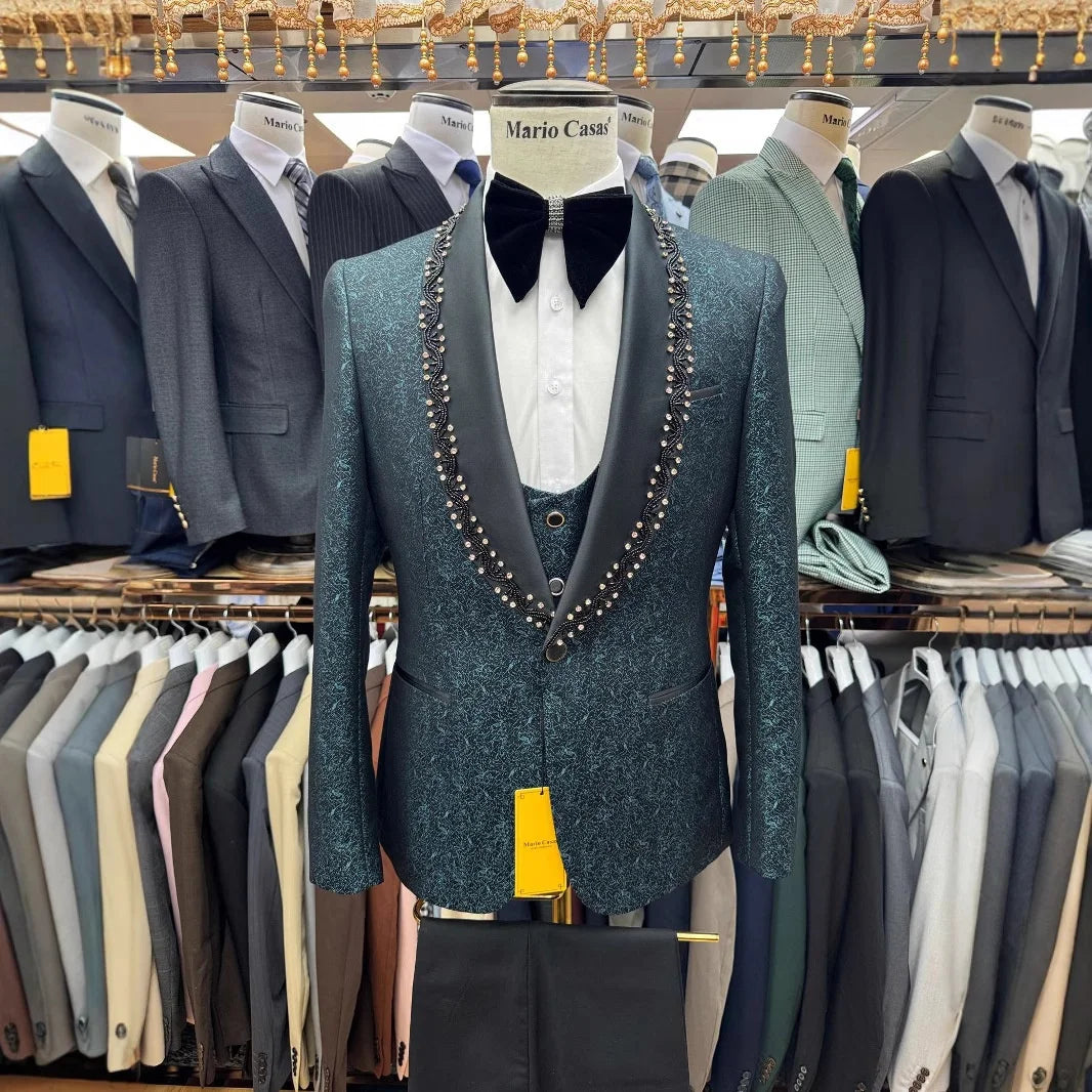 Men's New Single-Breasted Business Style 3-Piece Dress Suit V-Neck Collar Cross-Border Fashion For Adults for Weddings
