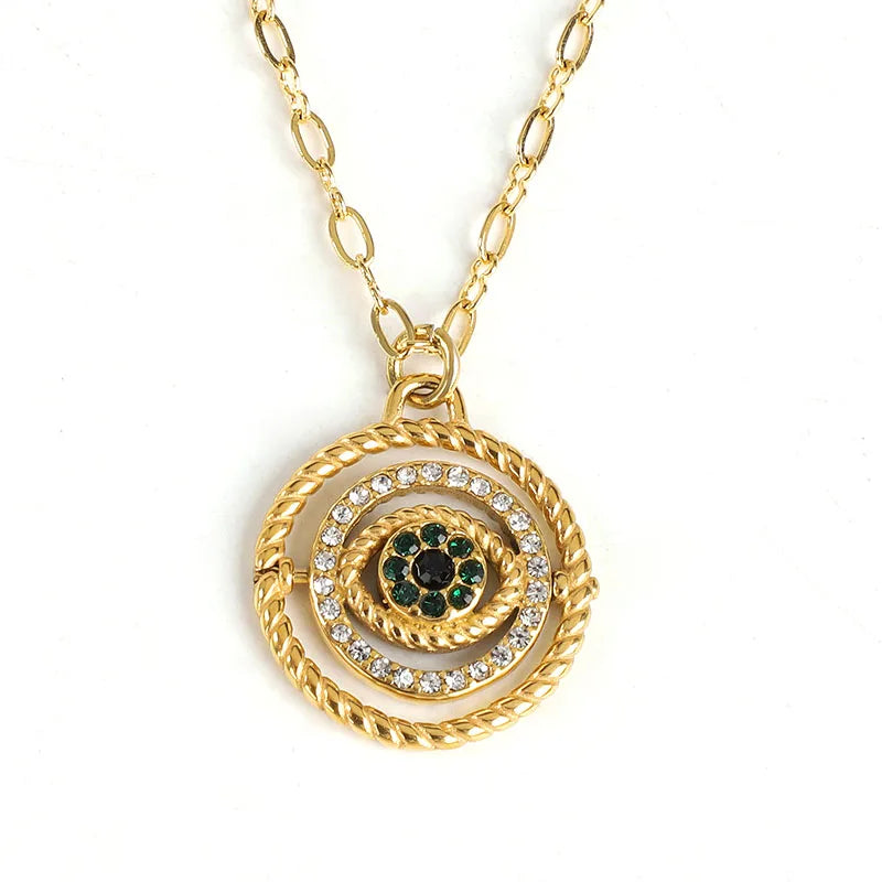Wholesale Custom Stainless Steel Jewelry 18K PVD Plated Pave Zircon Round Rotatable Devil Evel Eye Pendant Necklace