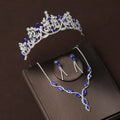 Bride Headwear Set of Three Piecesblue Diamond Crown Necklace Earrings Set Wedding Dress Accessories
