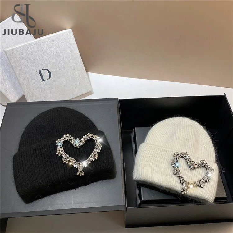 2023 New Fashion Autumn and Winter Knitted Hat Warm Rhinestone Heart Knitted Cap