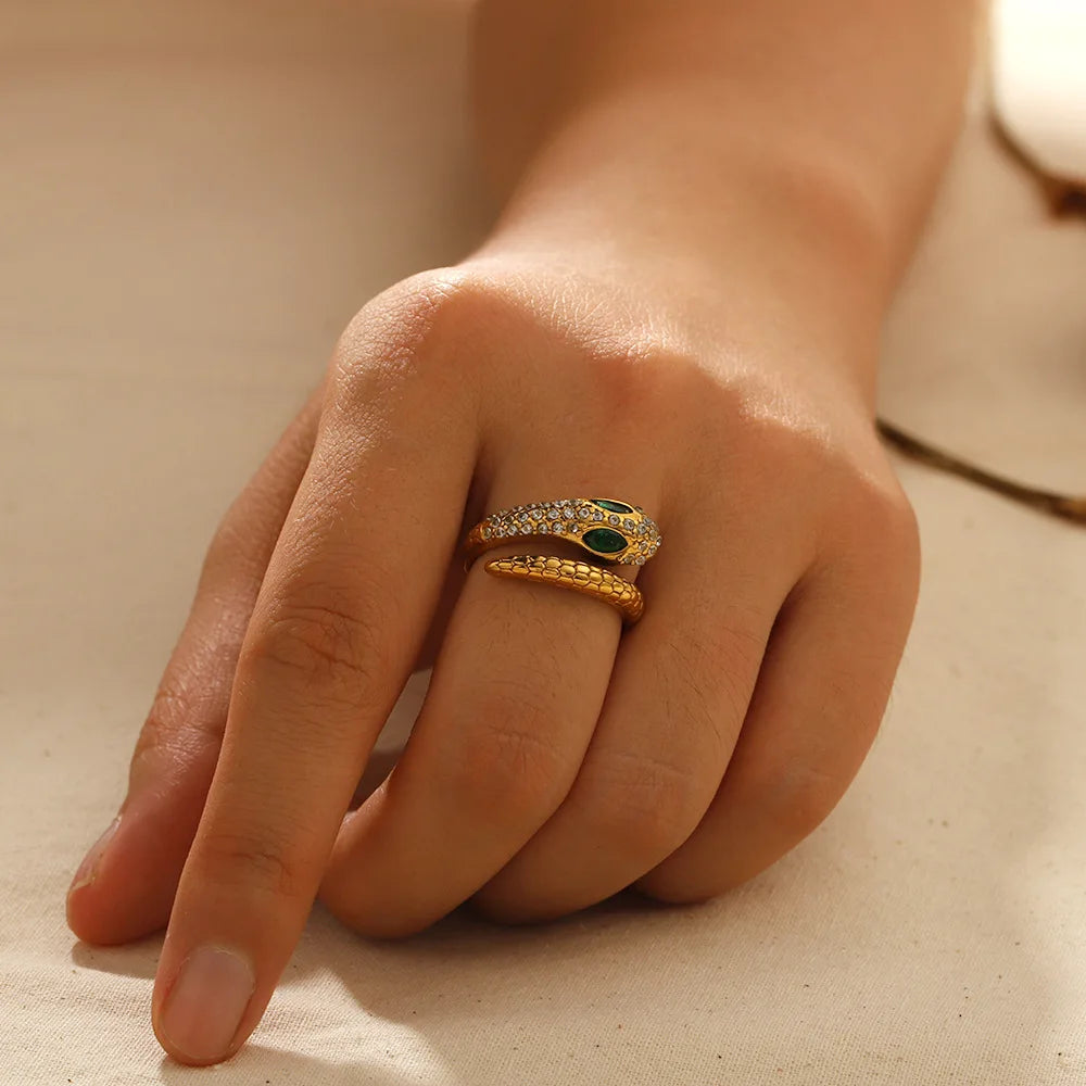 Vintage Style Unique 18k Gold Plated Snake Ring Zirconia Open Ring Jewelry for Women