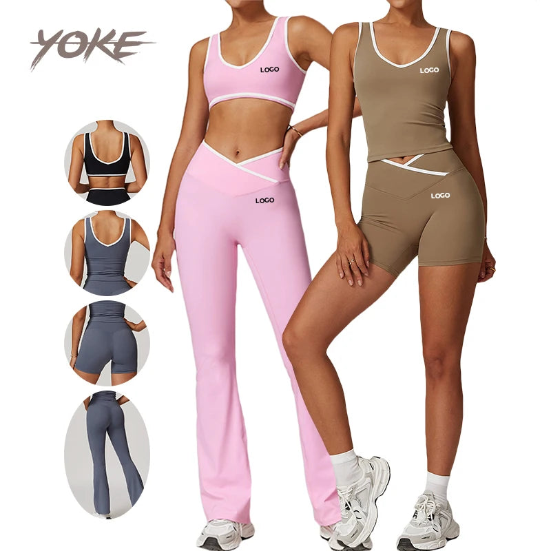 YK Cross V Cut Flared Leggings High Waist Sports Wear New Cross High Waist Women'S Active Wear 4 Piece Gym Workout Yoga Set