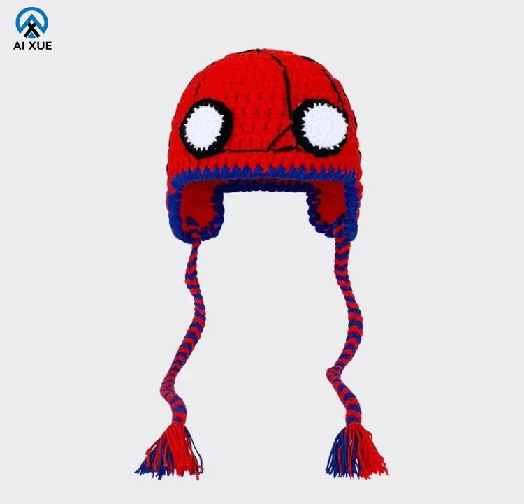 BSCI Factory OEM Custom 3D Embroidery Superhero Spider Beanie 2026 Festive Red Handmade Crochet Winter Knitted Hat for Adults