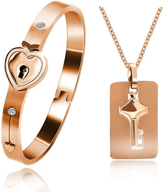 Best Price Stainless Steel Heart Lock Bracelet and Real Key Necklace Jewelry Set for Women