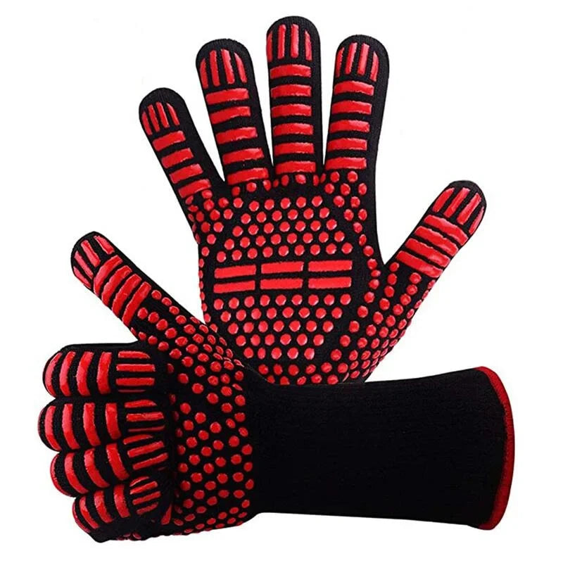 A Pair BBQ Grill Microwave Oven Gloves Cotton Lining High Temperature Resistance Barbecue Mitts 800 Degrees Fireproof Anti Heat