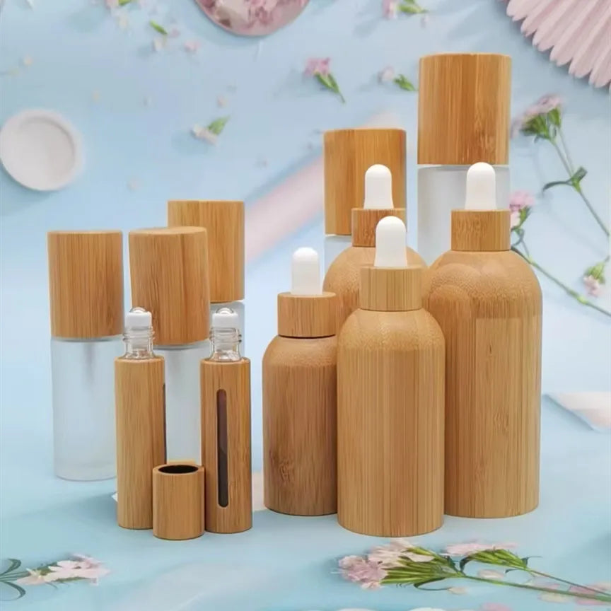 High-end Bamboo Wood Cover Screw Wood Cover 5ml8ml10ml Eye Cream Essential Oil Bottle Frosted Empty Stainless Steel Ball