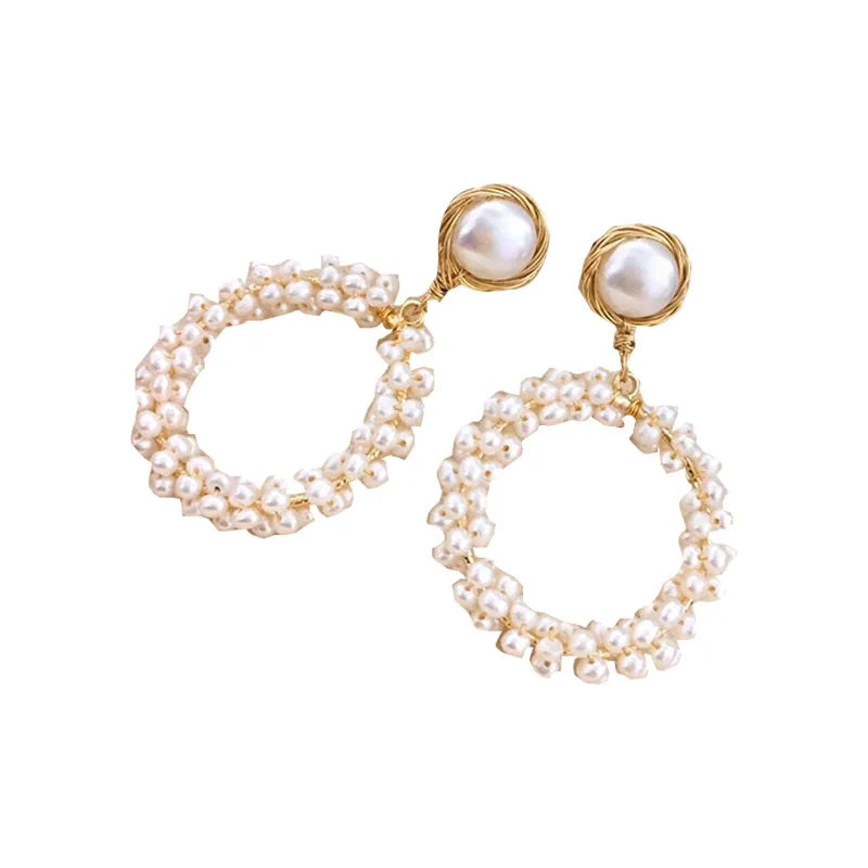 Trendy Fashion S925 Pin Big Circle Earrings Jewelry14K Gold Weava Garland Pure Freshwater Pearl Earrings for Women Girls