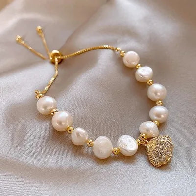 Handmade Freshwater Pearl Pull Bracelet With Shell Charms Adjustable Bracelet for Women