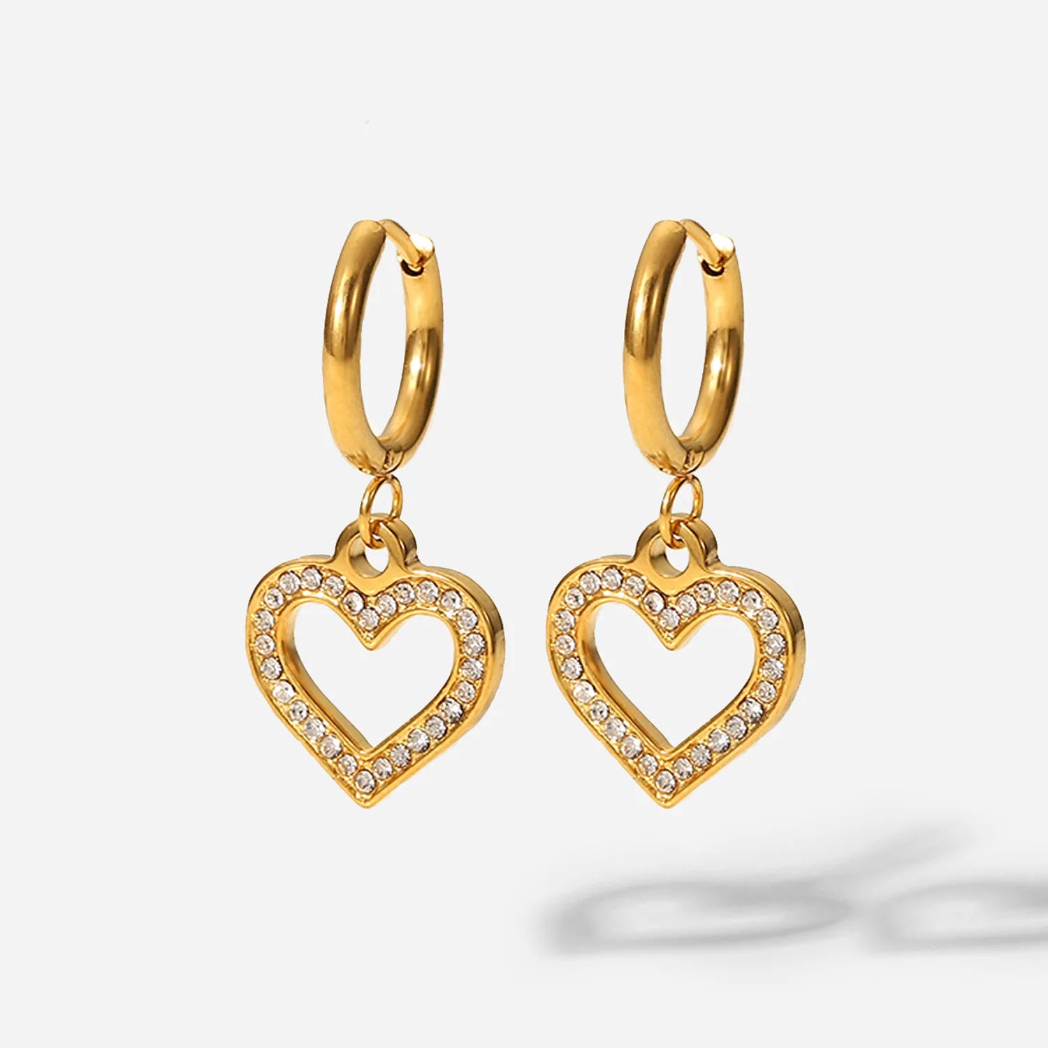 Wholesale Stainless Steel Jewelry for Lady 18k PVD Plated Gold Earring Hollow Zircon Peach Heart Hanging Hook Earrings