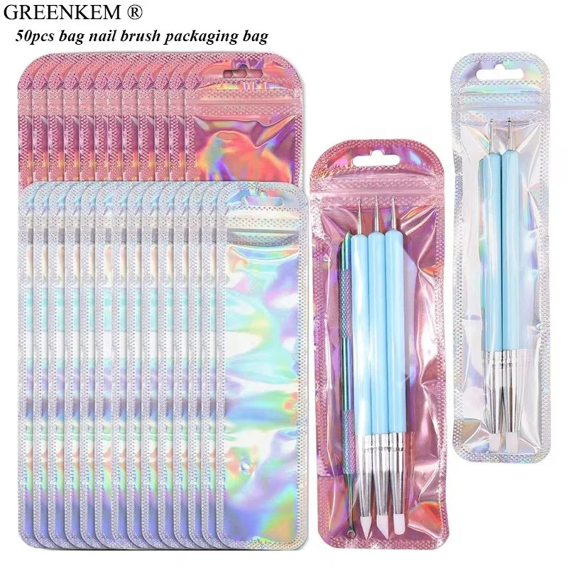 50Pcs Pack Resealable Aluminium Foil Holographic Bags Pink Laser Packaging Nail Ziplock Bag