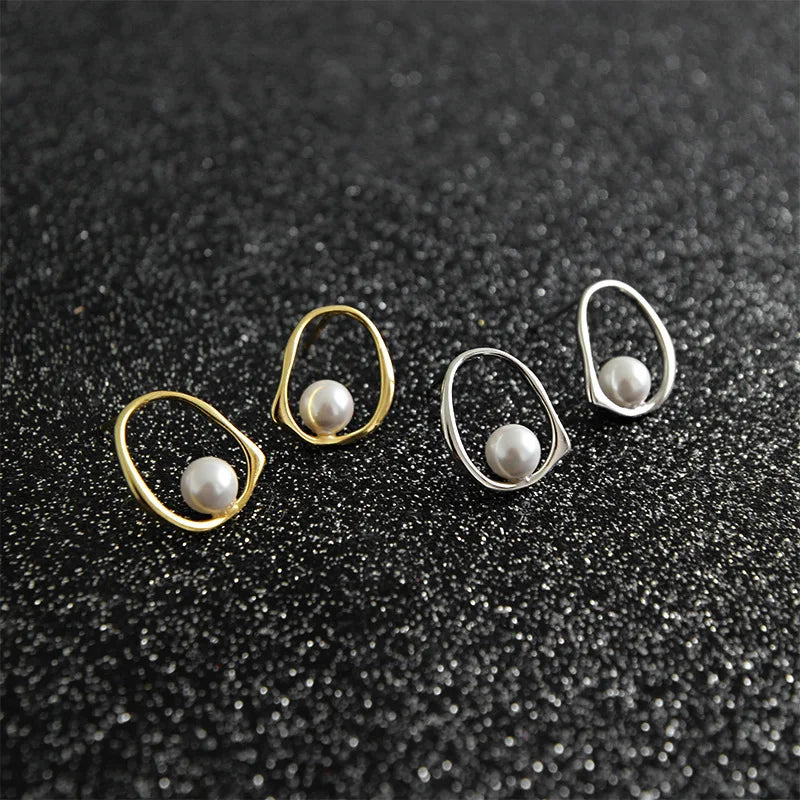New Hollow Irregular Geometric Round S925 Sterling Silver Women Baroque Shell Pearl Stud Earrings