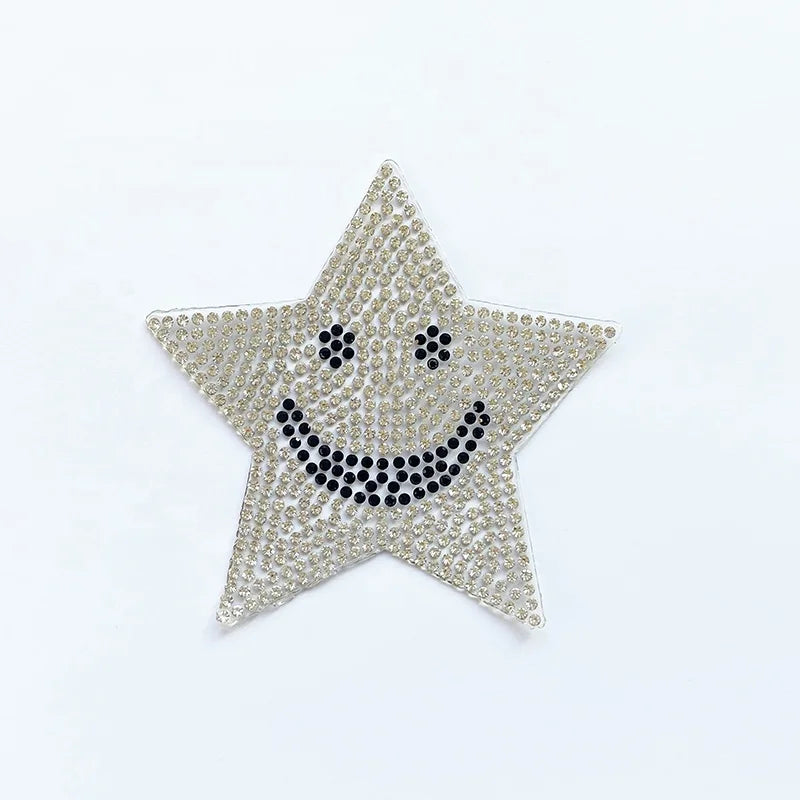 Wholesale Fashion Bling Silver Crystal Clear Rhinestone Star Smile Face Applique Iron on Heat Seal DIY Beaded Patch for Jacket