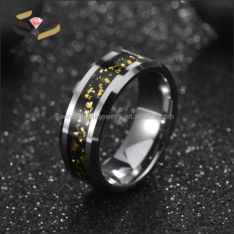 Men's Classic Bevel Edge 8mm Gold Leaf Inlay Comfort Fit Wedding Band Tungsten Carbide Engagement Party Ring Gift