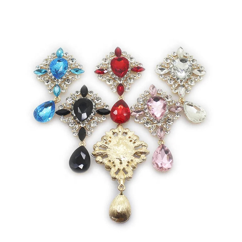 HFour 65*38mm 3D Water Drop Alloy Glass Crystal Jewelry Decorative Button Loose Rhinestones Gold Bottom Flatback for Bags Shoes