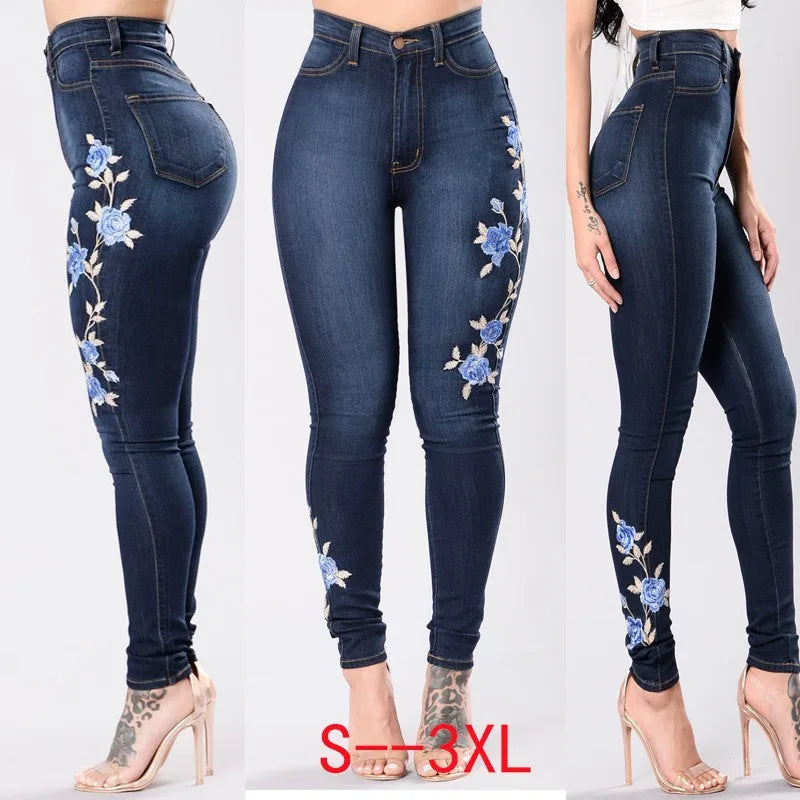 Women High Waist Spring Jeans Streetwear Embroidered Skinny Stretch Pencil Long Slim Casual Leggings Jeans