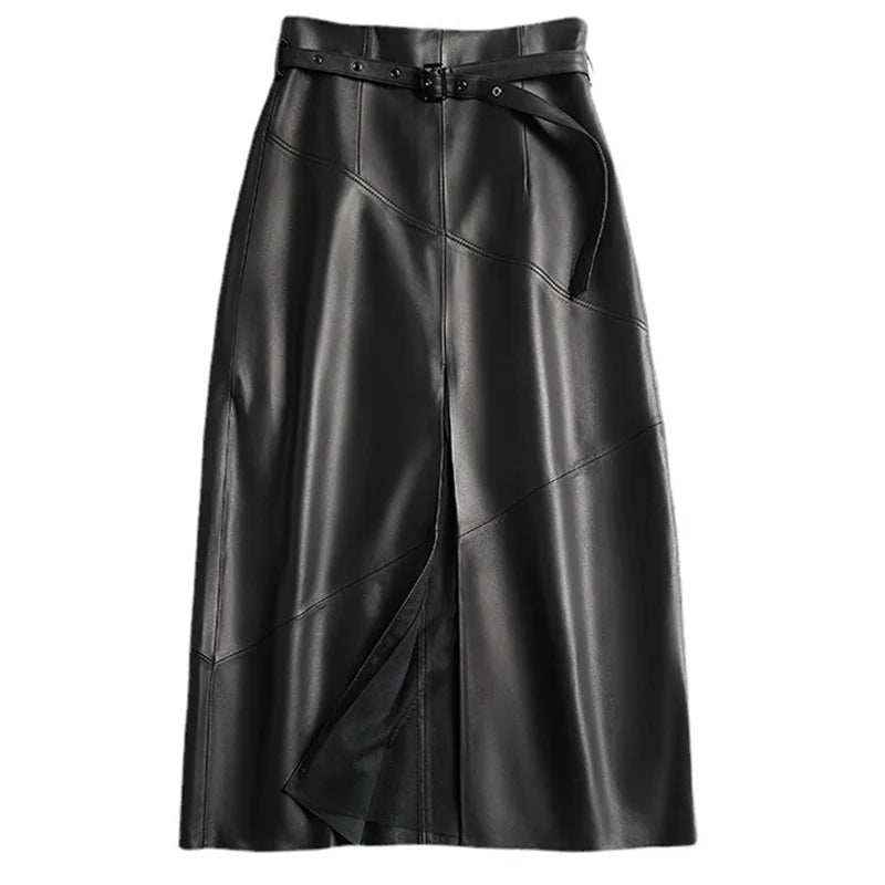 Women Long Slit Skirt Black Leather Skirt for Women Genuine Leather Skirt