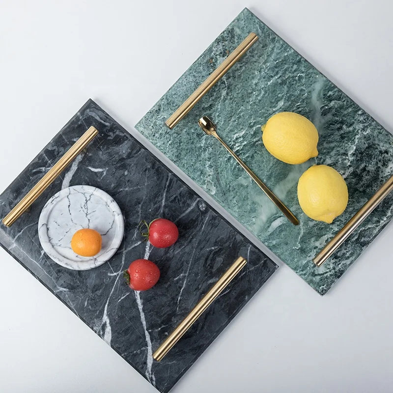 Popular Nordic Style Luxury Marble Stone Fruit Serving Tray Natural Rectangle Green Black Marble Tray With Gold Accent