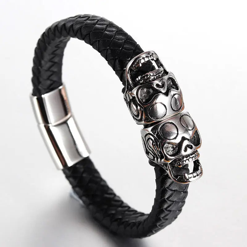 Original New Skull Men's Bracelet Punk Style Magnetic Buckle Men's Leather Bracelet Jewelry Double Skull Pattern SK-001