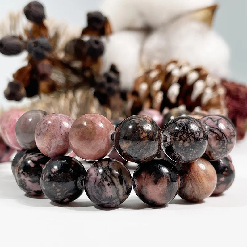 Natural Smooth Black Line Rhodochrosite Gemstone Loose Beads for Jewelry Making DIY Handmade Crafts 4mm 6mm 8mm 10mm 12mm