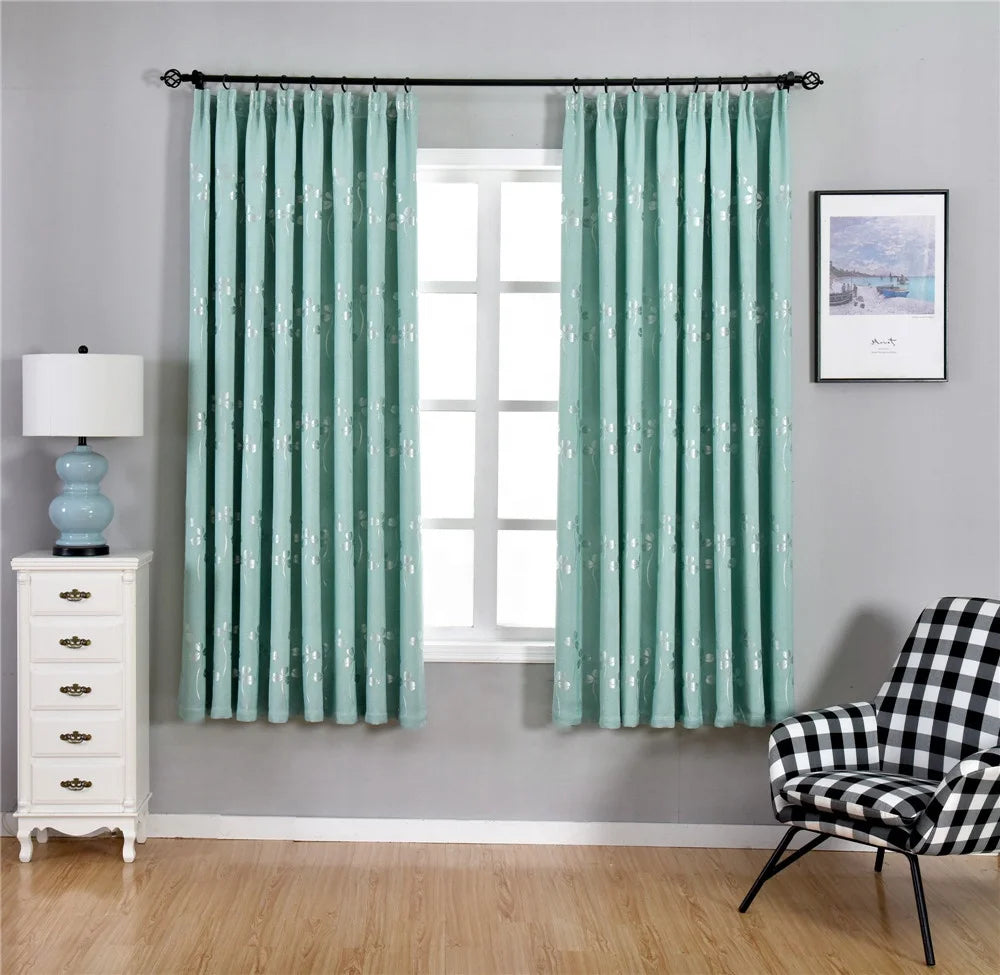 Hot Sale Ready Made Curtain Lucky Clover Floral Jacquard Pattern Design Pink Green Window Curtains for Girl Bedroom