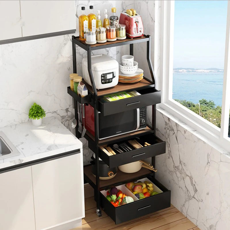 Kitchen Metal With Wheels 4 Tier Spice Storage Rack Vertical Microwave Oven Organizer Trolley Car Combo Pull-out Cutlery Drawers