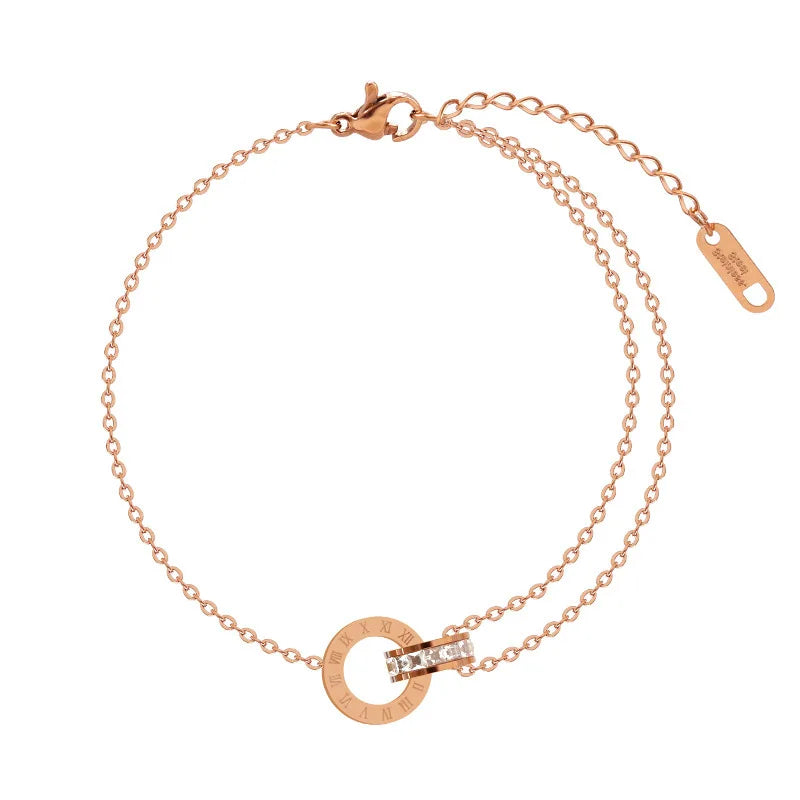 Diamond Set Digital Double Ring Interlocking Bracelet Titanium Steel Plated 18k Rose Gold Simple Temperament Hand Jewelry