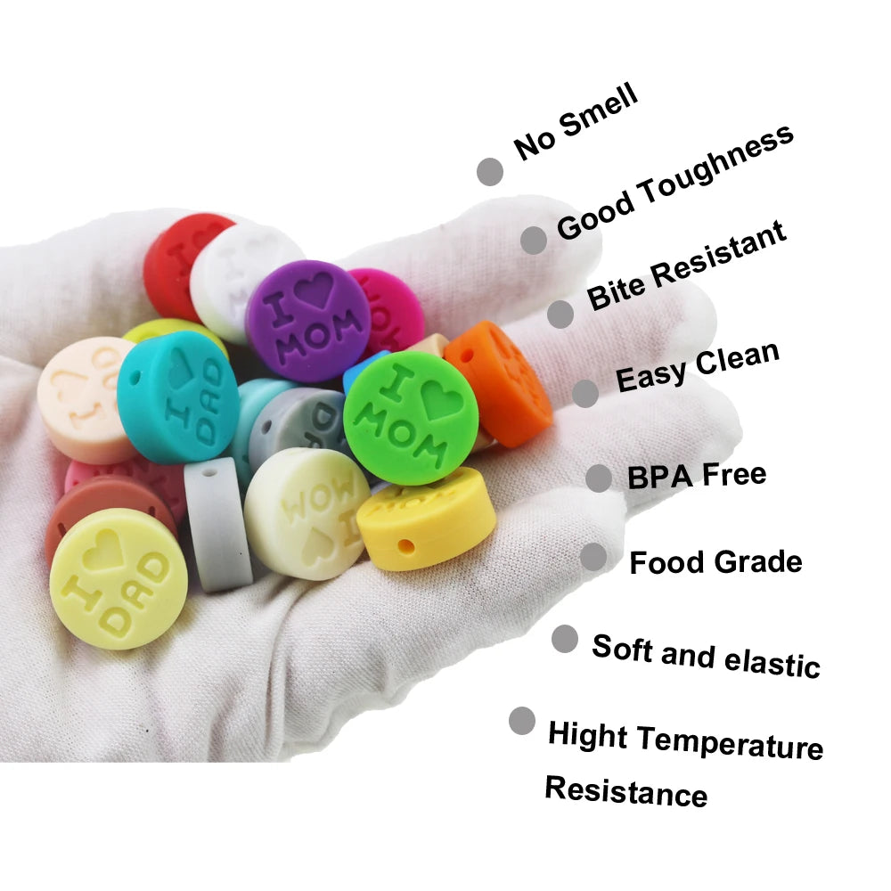 BPA-Free Food Grade Silicone Beads Wholesale SYBBeads Baby Teething Beads 'I love Mom/DAD' Letters 18*7.2mm 33 Colors LFGB