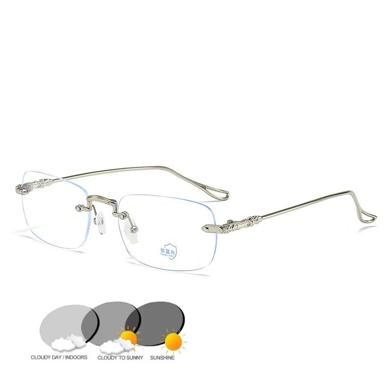 Dual-use Alloy Frameless Rectangle Diamond Face Shape Outdoor HD UV400 Photochromic Fashion Trend Sunglasses Blue Light Blocking